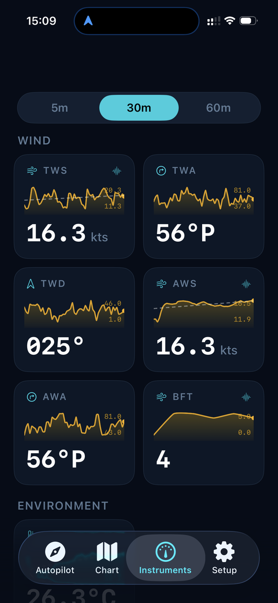 Wind instruments grid at 16.3kts true wind speed, 30-minute history