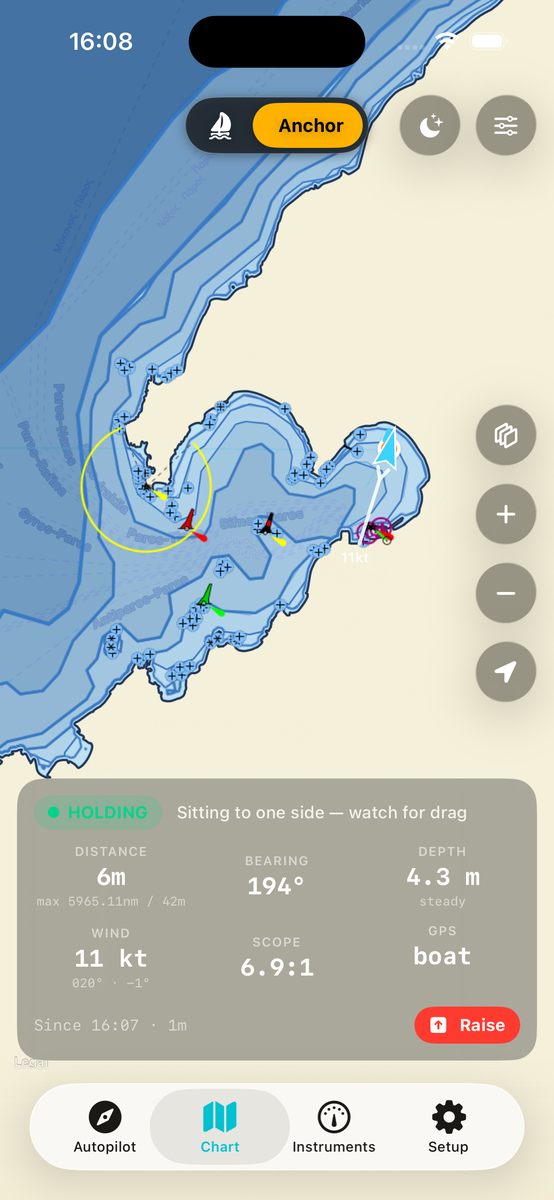 Chart view with vectorized depth contours, anchor circle, and AIS targets around the boat