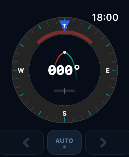 Apple Watch autopilot view in AUTO mode — wind rose, heading 000°, AUTO button