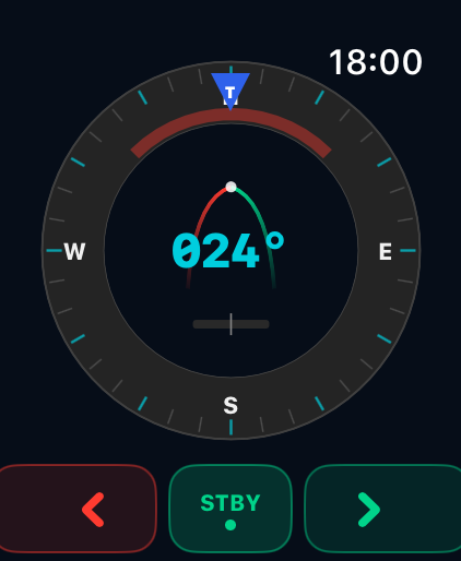 Apple Watch autopilot view in STBY mode — heading 024°, course nudge buttons