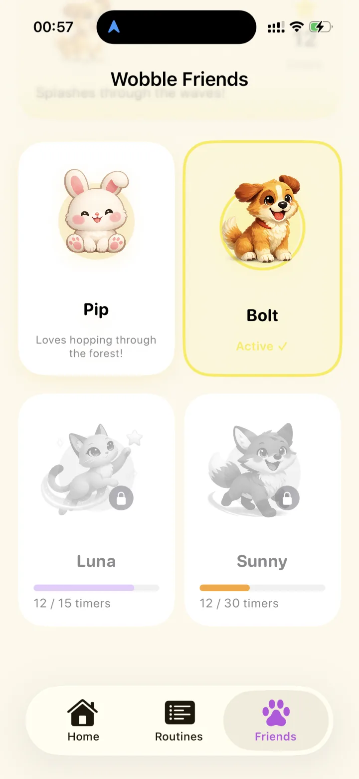 The Wobble Friends screen: Pip the rabbit unlocked, Bolt the dog marked active, and Luna the cat and Sunny the fox still locked, each with a progress bar toward unlocking