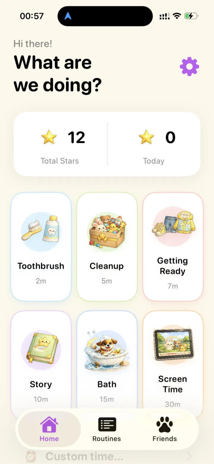 Wobble's home screen titled 'What are we doing?' with a star count and a grid of activity presets: Toothbrush 2m, Cleanup 5m, Getting Ready 7m, Story 10m, Bath 15m, Screen Time 30m