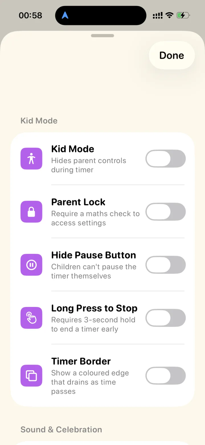 Wobble's parent controls screen with toggles for Kid Mode, Parent Lock (a maths check to access settings), Hide Pause Button, Long Press to Stop, and Timer Border