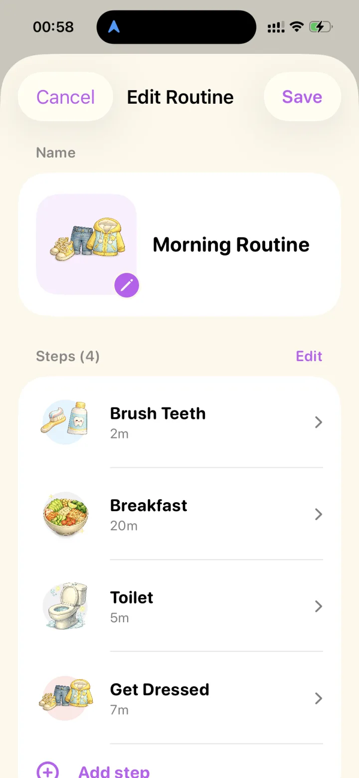 Wobble's routine builder showing a Morning Routine with four steps: Brush Teeth 2 minutes, Breakfast 20 minutes, Toilet 5 minutes, Get Dressed 7 minutes