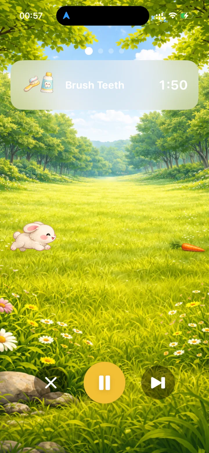 Wobble's running timer: Pip the rabbit hops through a sunny forest meadow toward a carrot, with the step labelled 'Brush Teeth' and 1 minute 50 seconds remaining